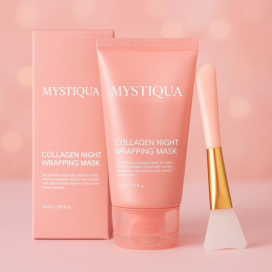 Mystiqué Collagen Night Wrapping Mask with packaging and applicator on a pink background